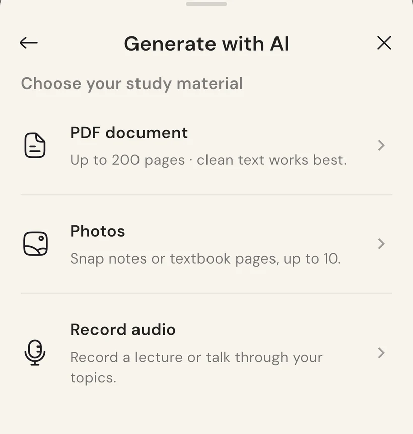 The Generate with AI sheet in prettysmart, offering PDF document, Photos and Record audio as sources.
