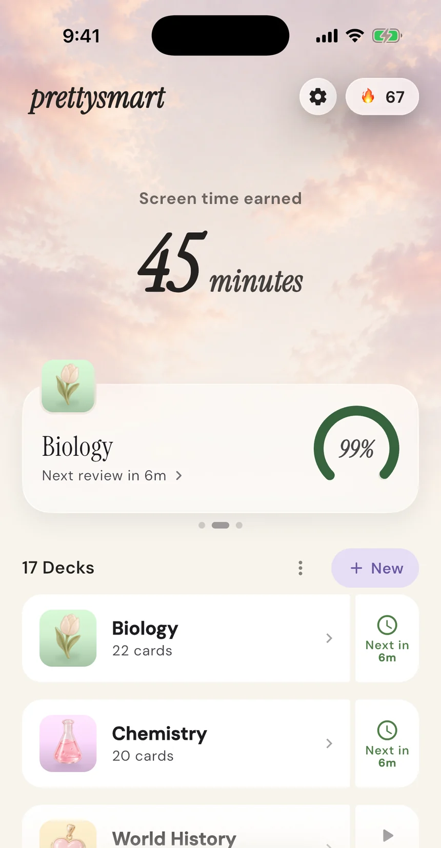 The prettysmart home screen: 45 minutes of screen time earned, a 67 day streak, and a list of decks.