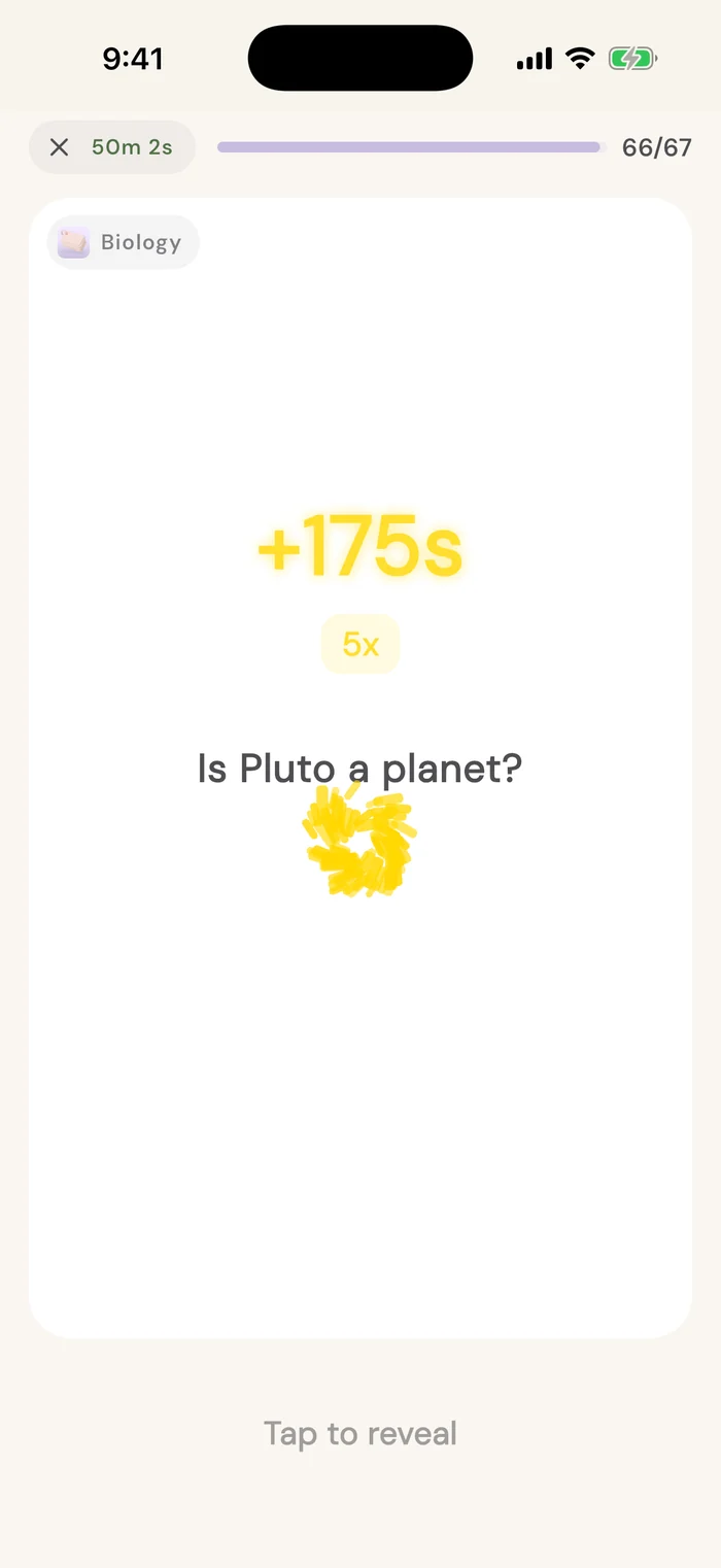 The prettysmart study screen awarding a five times bonus worth 175 extra seconds of screen time.