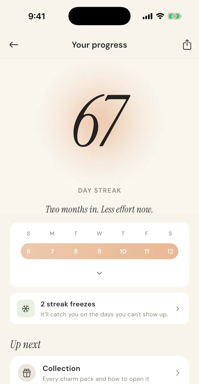 The prettysmart progress screen showing a 67 day streak with two streak freezes available.