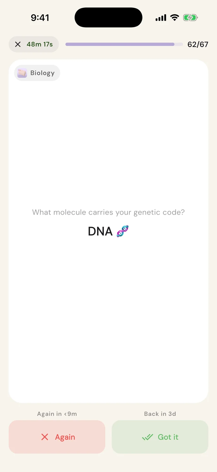 A revealed flashcard reading DNA, with Again in under nine minutes on one button and Back in three days on the other.